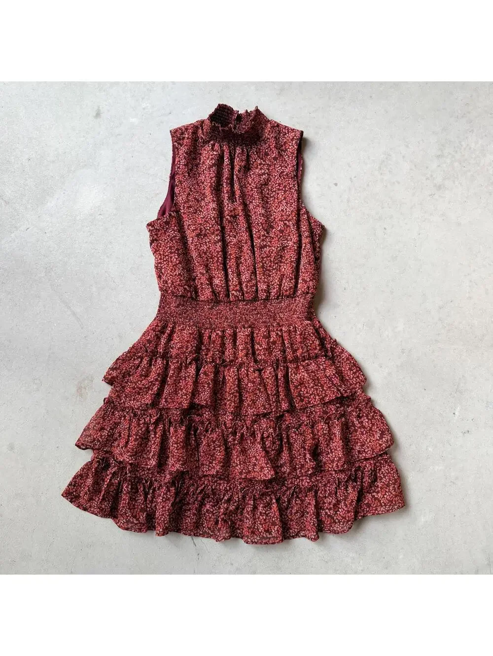 Ruffle Mini Dress Sleeveless Tiered by 1.STATE in Red Burgundy Summer y2K